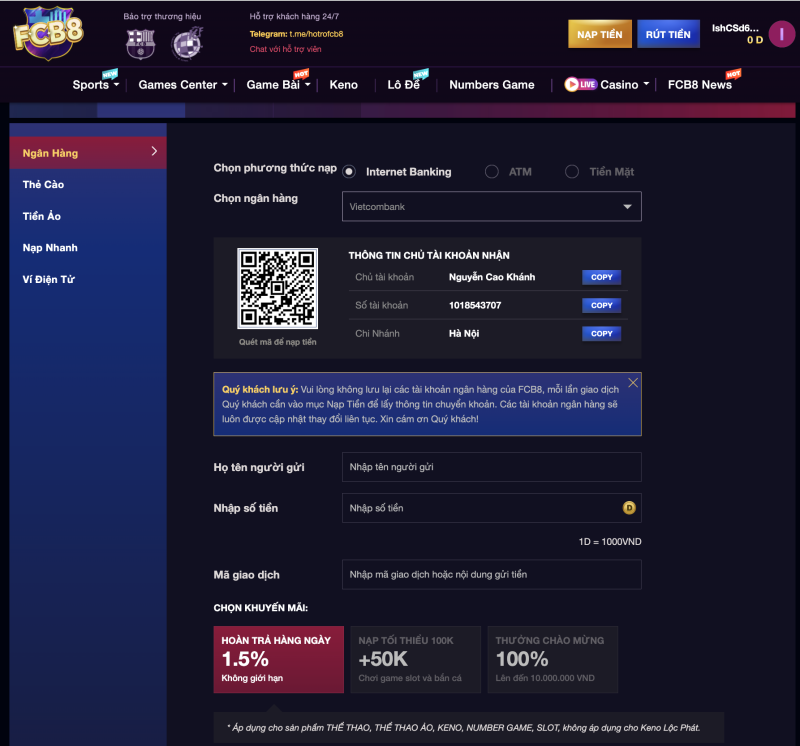 Nạp tiền FC88 qua ngân hàng