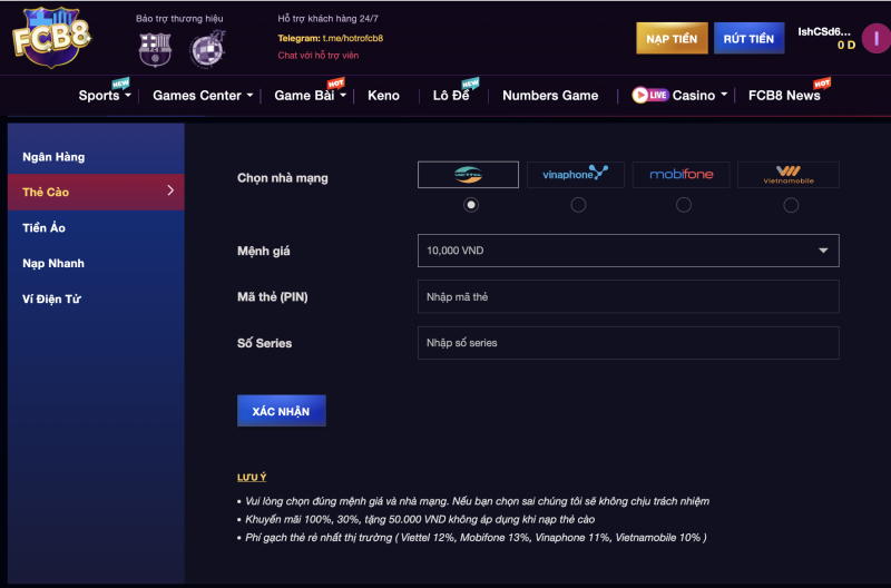 Nạp tiền FC88 qua thẻ cào