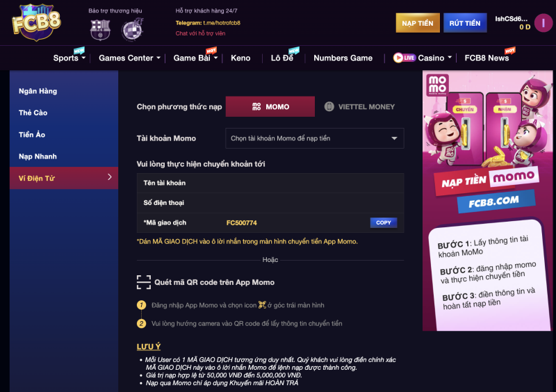 Nạp tiền FC88 bằng ví điện tử